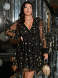 SHEIN Clasi Plus Size Women's Elegant Glitter Snowflake Print Mesh Lantern Sleeve Dress