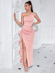 ADYCE One Shoulder Formal Asymmetric Front Slit Ruched High Waisted Ruffle Trim Party Maxi Dress For Cocktail, Ball And Fancy, Elegant Prom Evening Gown, For Wedding Guest, Graduation, Dinner, Christmas