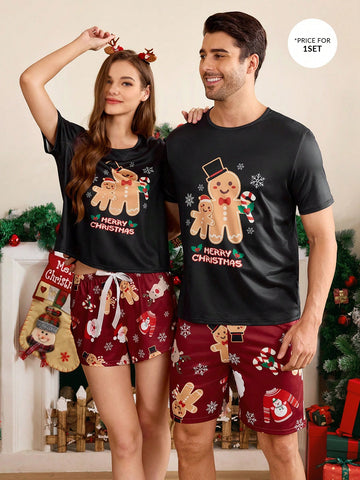 Shein CoupledUp 2pcs Men's Christmas Theme Printed Crew Neck Tee And Shorts Pajama Set - MapleCo