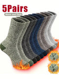 5 Pairs Men's Winter Socks, Fleece Lined Thick Warm Towel Socks, Mid-Calf Thermal Socks For Hiking, Christmas, Thanksgiving, New Year Gifts