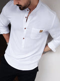 Manfinity CasualCool Men's Solid Color Plain Front Button Long Sleeve Pocket Simple Casual Shirt,White Button Up, For Going Out