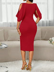 SHEIN Lady Wedding Guest Dress Women's Round Neck Red Mesh Stitching Red Combination Flower Long Sleeve Tight Dress