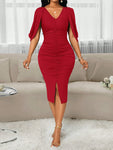 SHEIN Lady Wedding Guest Dress Women's Round Neck Red Mesh Stitching Red Combination Flower Long Sleeve Tight Dress