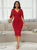 SHEIN Lady Wedding Guest Dress Women's Round Neck Red Mesh Stitching Red Combination Flower Long Sleeve Tight Dress