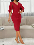 SHEIN Lady Wedding Guest Dress Women's Round Neck Red Mesh Stitching Red Combination Flower Long Sleeve Tight Dress