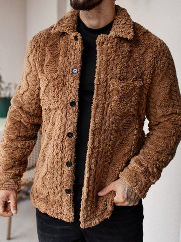 Manfinity CasualCool Men's Casual Solid Color Fuzzy Jacket For Autumn/Winter ,Men Flannel,Winter Men Jacket