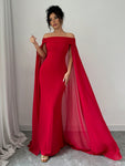 SHEIN Privé Christmas Red Elegant Sexy Off Shoulder Cinched Waist Mermaid Dress, Formal Gown