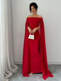 SHEIN Privé Christmas Red Elegant Sexy Off Shoulder Cinched Waist Mermaid Dress, Formal Gown