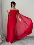 SHEIN Privé Christmas Red Elegant Sexy Off Shoulder Cinched Waist Mermaid Dress, Formal Gown