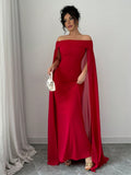 SHEIN Privé Christmas Red Elegant Sexy Off Shoulder Cinched Waist Mermaid Dress, Formal Gown