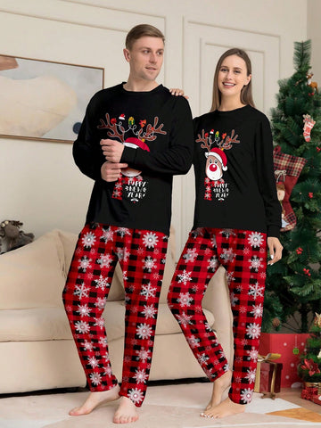 2pcs Christmas Casual Cute Reindeer Print Long Sleeve Top And Pants Lounge Pajama Set