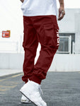 Men Casual Street Style Letter Print Drawstring Waist Flap Pocket Jogger Cargo Pants