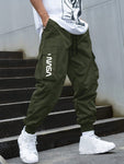 Men Casual Street Style Letter Print Drawstring Waist Flap Pocket Jogger Cargo Pants