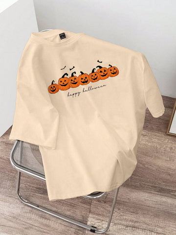 Manfinity UrbanChill Plus Size Khaki Short Sleeve Pumpkin Halloween T-Shirt For Men