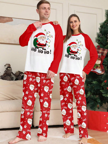 Christmas Santa Claus Print Color Block Long Sleeve Top With All Over Print Pants Pajama Set For Women