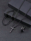 3pcs Men's  Jewelry Three-Piece Set, Cross Necklace, Bracelet, Cross Ring, Suitable For Daily Decorative Wear