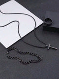 3pcs Men's  Jewelry Three-Piece Set, Cross Necklace, Bracelet, Cross Ring, Suitable For Daily Decorative Wear