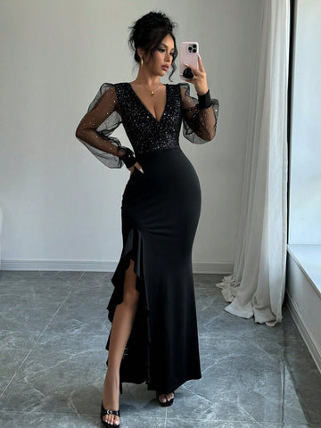 SHEIN Privé Elegant Sexy V-Neck Waisted High Slit Dress, Sequins Splicing Elastic Knit, Black, Suitable For Party, Daily Dates, Party