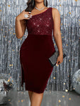 SHEIN Clasi Plus Size Women Elegant Oblique Shoulder Sequin Velvet Hem Slit Bodycon Party Dress, Burgundy