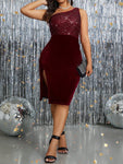 SHEIN Clasi Plus Size Women Elegant Oblique Shoulder Sequin Velvet Hem Slit Bodycon Party Dress, Burgundy