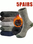 5 Pairs Men's Thick Warm Terry Lined Socks, Insulated Crew Socks For Cold Weather, Hiking, Christmas, Thanksgiving, New Year Gifts