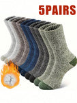 5 Pairs Men's Thick Warm Terry Lined Socks, Insulated Crew Socks For Cold Weather, Hiking, Christmas, Thanksgiving, New Year Gifts