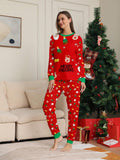 2pcs Women's Casual Christmas Pajama Set, Deer Letter Print Top And Full Flora Pattern Pants, Comfortable Round Neck Long Sleeve Top And Trousers