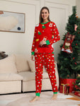 2pcs Women's Casual Christmas Pajama Set, Deer Letter Print Top And Full Flora Pattern Pants, Comfortable Round Neck Long Sleeve Top And Trousers