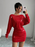 SHEIN Elenzya Elegant Sequin Batwing Sleeve Asymmetrical Neck Party Dress, Suitable For Christmas, New Year Celebration