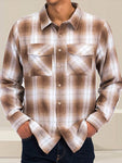 Men's Woven Plaid Flannel Long Sleeve Brushed Casual Fitted Normal Shacket