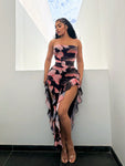 SHEIN SXY Summer Butterfly Print Flowy Ruffle Trim Slit Bodycon Dress Vacation Outfits Women