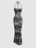 SHEIN MOOSTA Women Leopard Print Halter Neck Bodycon Fish Tail Dress