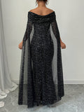 SHEIN Raffinéa Elegant Off-Shoulder Sparkly Cape Evening Dress