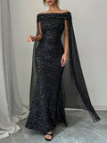 SHEIN Raffinéa Elegant Off-Shoulder Sparkly Cape Evening Dress