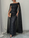 SHEIN Raffinéa Elegant Off-Shoulder Sparkly Cape Evening Dress