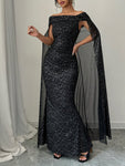 SHEIN Raffinéa Elegant Off-Shoulder Sparkly Cape Evening Dress