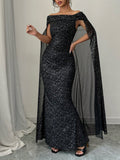 SHEIN Raffinéa Elegant Off-Shoulder Sparkly Cape Evening Dress