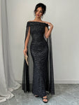 SHEIN Raffinéa Elegant Off-Shoulder Sparkly Cape Evening Dress