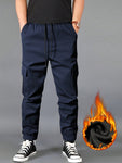 Manfinity Homme Men Drawstring Waist Flap Pocket Side Thermal Lined Cargo Pants Tapered Long Slacks Plain Black Going Out