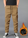 Manfinity Homme Men Drawstring Waist Flap Pocket Side Thermal Lined Cargo Pants Tapered Long Slacks Plain Black Going Out