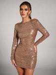 SHEIN BAE Women's Khaki Gold Solid Color Elegant Sequin Backless Bodycon Mini Dress, Suitable For Birthday Party, Night Out, Theme Party, Date Night, Cocktail Party, Christmas Party, New Year's Eve, Thanksgiving