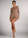 SHEIN BAE Women's Khaki Gold Solid Color Elegant Sequin Backless Bodycon Mini Dress, Suitable For Birthday Party, Night Out, Theme Party, Date Night, Cocktail Party, Christmas Party, New Year's Eve, Thanksgiving