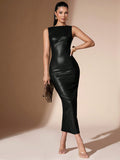 SHEIN BAE Women Sleeveless PU Leather Fitted Long Dress