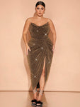 SHEIN BAE Plus Size Women Fall And Winter Champagne Gold Glitter Asymmetrical Draped High Slit Dress Suitable For Holiday Birthday Party