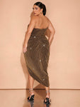 SHEIN BAE Plus Size Women Fall And Winter Champagne Gold Glitter Asymmetrical Draped High Slit Dress Suitable For Holiday Birthday Party