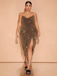 SHEIN BAE Plus Size Women Fall And Winter Champagne Gold Glitter Asymmetrical Draped High Slit Dress Suitable For Holiday Birthday Party