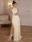 Premium Elegant 3D Flower High Slit Evening Dress Gown White Formal Prom Wedding Guest Dress, For Graduation, Dinner