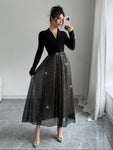 SHEIN Elenzya Elegant Blouse Collar Cinched Waist Mesh Patchwork Sequin Sparkly Midi Dress, Versatile For Fancy Occasion