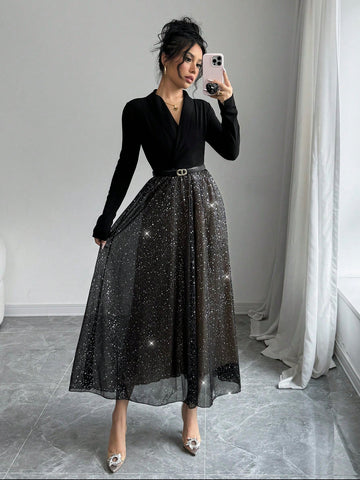 SHEIN Elenzya Elegant Blouse Collar Cinched Waist Mesh Patchwork Sequin Sparkly Midi Dress, Versatile For Fancy Occasion