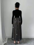 SHEIN Elenzya Elegant Blouse Collar Cinched Waist Mesh Patchwork Sequin Sparkly Midi Dress, Versatile For Fancy Occasion